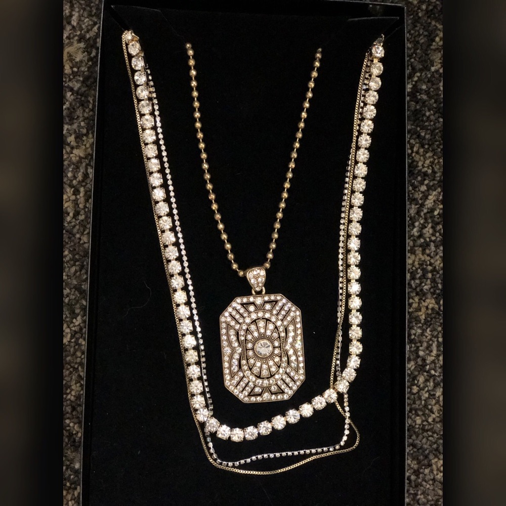 Paula Abdul Layered Rhinestone Necklace Medallion